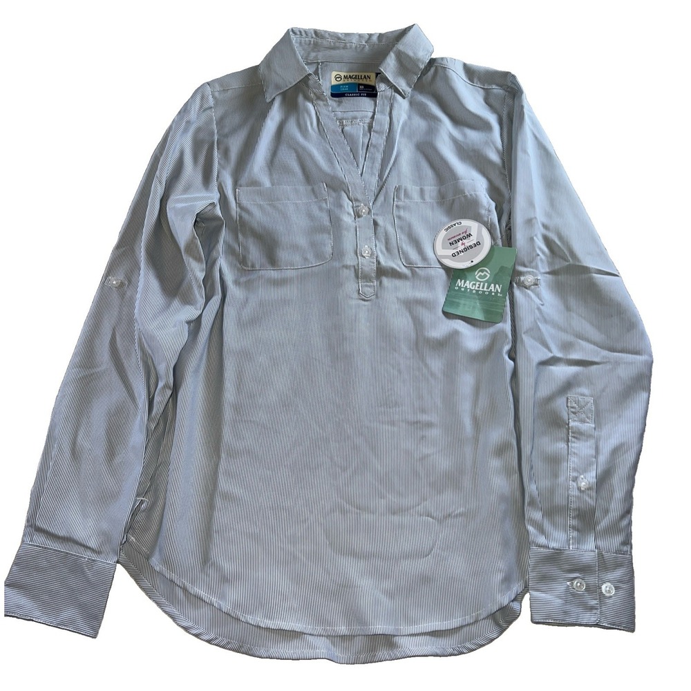 Magellan Aransas Pass Fishing Shirt Womens XS Classic Fit NWT Blue Stripe Henley